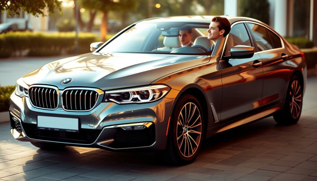 A luxurious BMW automobile, meticulously detailed, stands prominently in the foreground, its sleek lines and gleaming chrome accentuated by warm, directional lighting. In the middle ground, a well-dressed young man, identified as Montry Ferchichi, gazes admiringly at the vehicle, his expression conveying a sense of pride and excitement. The background is subtly blurred, drawing the viewer's focus to the central subjects. The overall scene emanates a mood of opulence, achievement, and the celebration of a significant personal milestone.