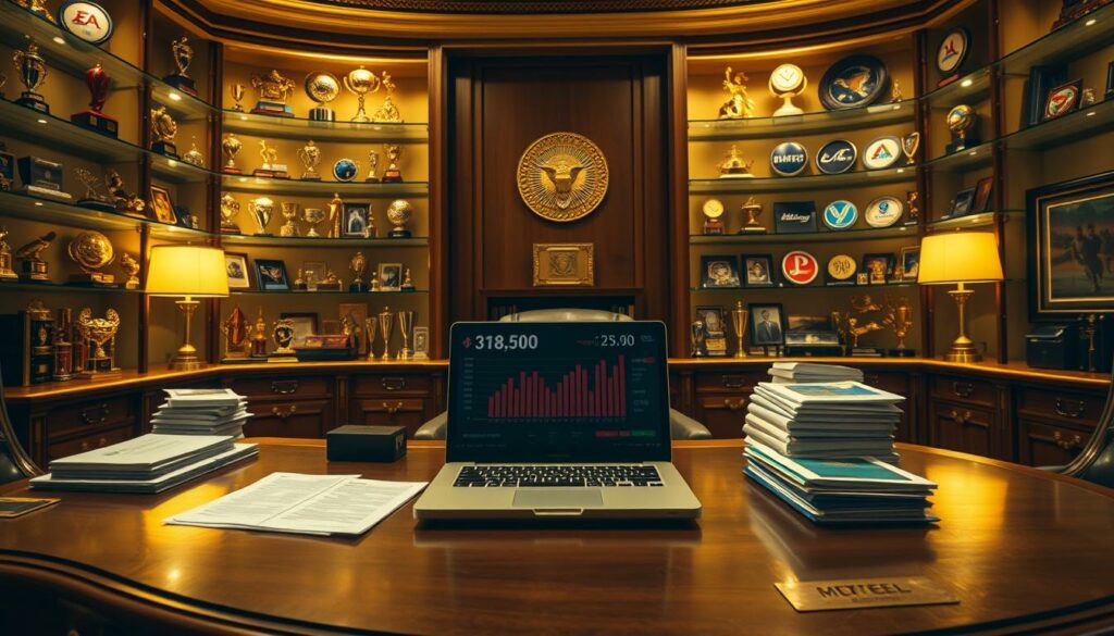 A luxurious office setting, with a large wooden desk at the center. On the desk, an open laptop displays financial figures and statistics, alongside stacks of documents and a gold-plated nameplate. The walls are adorned with shelves filled with trophies, awards, and framed brand logos, hinting at the subject's successful endorsement deals. Warm, directional lighting casts a golden glow, creating an atmosphere of wealth and prestige. The camera angle is slightly elevated, looking down on the scene, emphasizing the subject's power and influence. The overall composition conveys the impression of a thriving, multifaceted business empire.