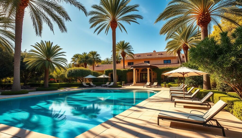 A luxurious outdoor pool nestled in the lush gardens of Villa Remus, a picturesque estate in the exclusive neighborhood of Son Vida. The pool's crystal-clear turquoise waters reflect the warm Mediterranean sun, creating a serene and inviting atmosphere. Towering palm trees sway gently in the soft breeze, casting dappled shadows across the tiled patio. Elegant lounge chairs and umbrellas line the pool's edge, inviting guests to relax and enjoy the idyllic setting. The villa's stately architecture, with its terracotta roof and warm, earthy tones, provides a stunning backdrop, exuding an air of sophisticated Mediterranean charm. The entire scene is bathed in a soft, golden light, creating a tranquil and picturesque oasis.