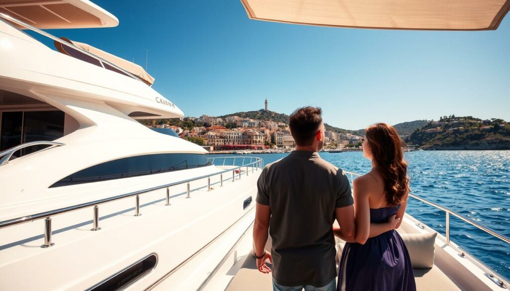A luxurious yacht anchored gracefully in the idyllic waters of Saint-Tropez, its sleek white hull glistening under the warm Mediterranean sun. The vessel's elegant lines and gleaming chrome accents reflect the sophisticated allure of this famous French Riviera destination. In the foreground, a couple embraces lovingly on the yacht's expansive deck, surrounded by plush lounge chairs and shaded by a billowing canvas awning. In the middle ground, the vibrant coastal town rises up, its pastel-colored buildings and charming cafes creating a picturesque backdrop. In the distance, the azure blue sky meets the sparkling sea, creating a serene and romantic atmosphere perfect for a blossoming love story.