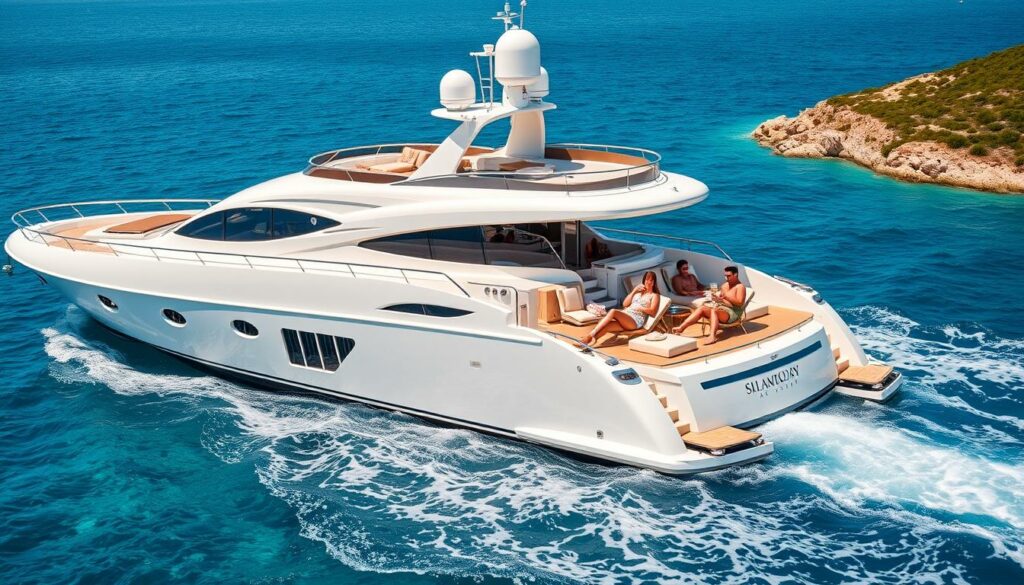 A luxurious yacht sails across crystal-clear azure waters, its sleek white hull and gleaming chrome fittings reflecting the warm Mediterranean sun. On the expansive sun deck, a close-knit family relaxes in chic, designer loungers, sipping cocktails and taking in the breathtaking coastal vistas. The interior is richly appointed, with plush leather furnishings and expansive windows offering panoramic views. Gentle waves lap against the hull as the vessel glides effortlessly through the waves, transporting its passengers to a world of unparalleled opulence and tranquility, far removed from the stresses of everyday life.