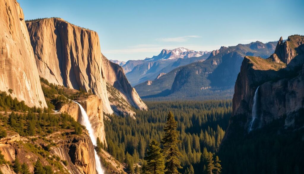 A majestic landscape of the Yosemite National Park, captured in stunning detail. In the foreground, towering granite cliffs rise up, their rugged surfaces bathed in warm, golden light. Cascading waterfalls tumble down the cliffs, their rushing waters sparkling in the sunlight. In the middle ground, a lush, verdant forest stretches out, with towering pines and ancient redwoods casting long shadows. In the distance, the iconic granite peaks of the Sierra Nevada mountains pierce the horizon, their snow-capped summits glowing under a brilliant blue sky. The scene exudes a sense of untamed, primal beauty, inviting the viewer to immerse themselves in the grandeur of this natural wonder.