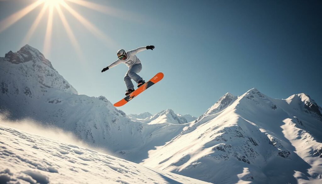 A majestic snowboarder mid-air, performing an impressive "Big Air" trick against a backdrop of pristine snow-capped mountains. The athlete's body is frozen in a dynamic, gravity-defying pose, their board carving gracefully through the crisp, alpine air. Warm, golden sunlight bathes the scene, casting dramatic shadows and highlights that accentuate the powerful musculature and technical precision of the snowboarder's form. The camera angle is positioned to capture the thrilling moment from a low, dynamic perspective, emphasizing the sheer scale and grandeur of the snowboarding feat. An atmosphere of focused intensity, athletic prowess, and the serene beauty of the winter landscape permeates the frame, creating a captivating image that inspires awe and respect for the Olympian's remarkable skills.