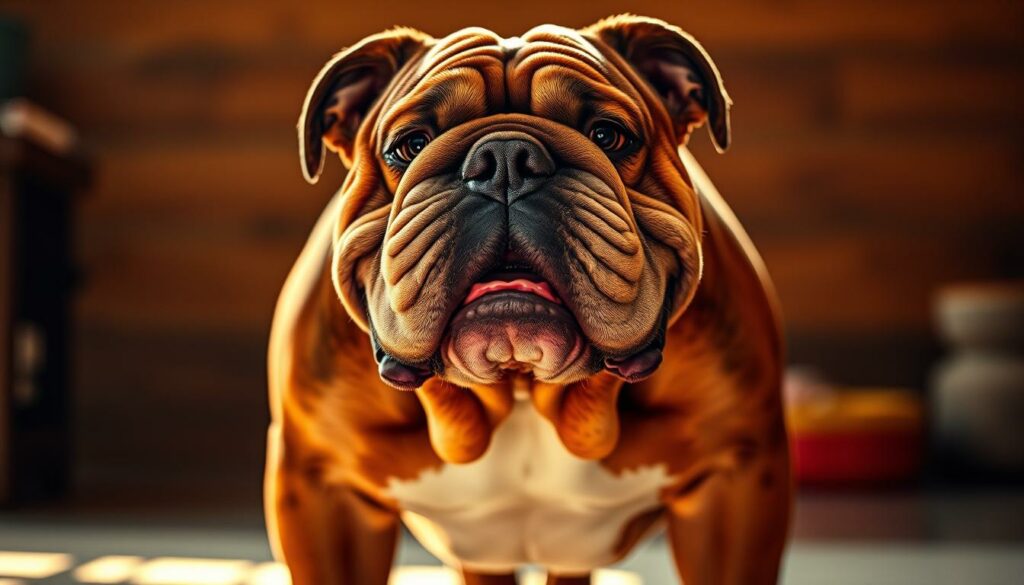 A majestic, stocky Bulldog standing confidently, its broad, wrinkled face exuding a charming, good-natured expression. Soft, soulful eyes gaze warmly, while a friendly, slightly-open mouth suggests a gentle, affectionate demeanor. The Bulldog's muscular body is covered in a short, shiny coat of brindle fur, accentuating its powerful build. The scene is bathed in warm, golden light, creating a cozy, inviting atmosphere that captures the Bulldog's lovable, loyal character. Photographed from a low angle to emphasize the breed's iconic, sturdy stature, this image perfectly embodies the essence of the beloved Bulldog.