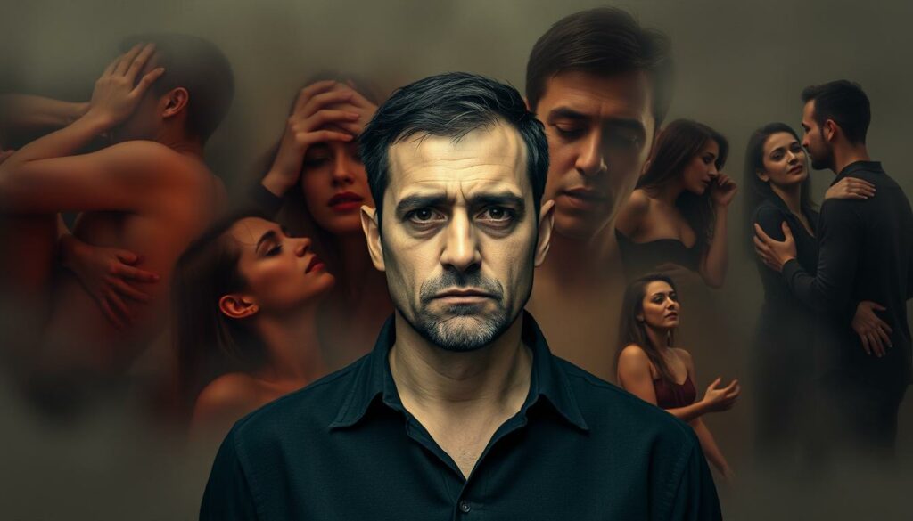 A man, Serkan Yavuz, stands at the center of the frame, a sullen expression on his face. Around him, a swirling montage of romantic entanglements - passionate embraces, clandestine rendezvous, and tearful confrontations. The background is hazy, dreamlike, casting a sense of emotional turmoil and moral ambiguity. Soft, muted lighting accentuates the moody, introspective atmosphere, as if the viewer is privy to the intimate details of Serkan's complicated personal life. The composition conveys a sense of repetition, hinting at a pattern of behavior that the article's title suggests. This visually striking scene aims to capture the essence of Serkan's "Affären" - a troubled history of relationships and a man who seems unable to break a cycle of infidelity.