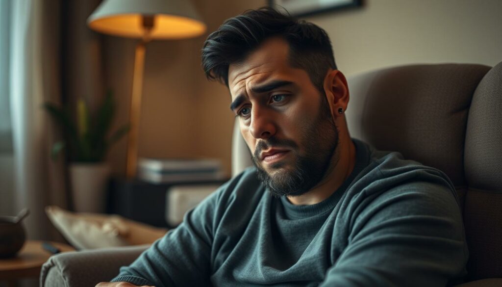 A man in his mid-30s, Serkan Yavuz, sits in a cozy therapist's office. Tears stream down his face as he pours his heart out, his body language conveying a deep emotional turmoil. The warm, muted lighting casts a somber, introspective mood, while the soft, plush armchair and neutral-toned decor create a comfortable, intimate setting for this intense emotional session. The camera angle is close, capturing the raw vulnerability and anguish etched on Serkan's face, allowing the viewer to empathize with his inner struggle. An air of tension and vulnerability permeates the scene, reflecting the man's emotional breaking point.