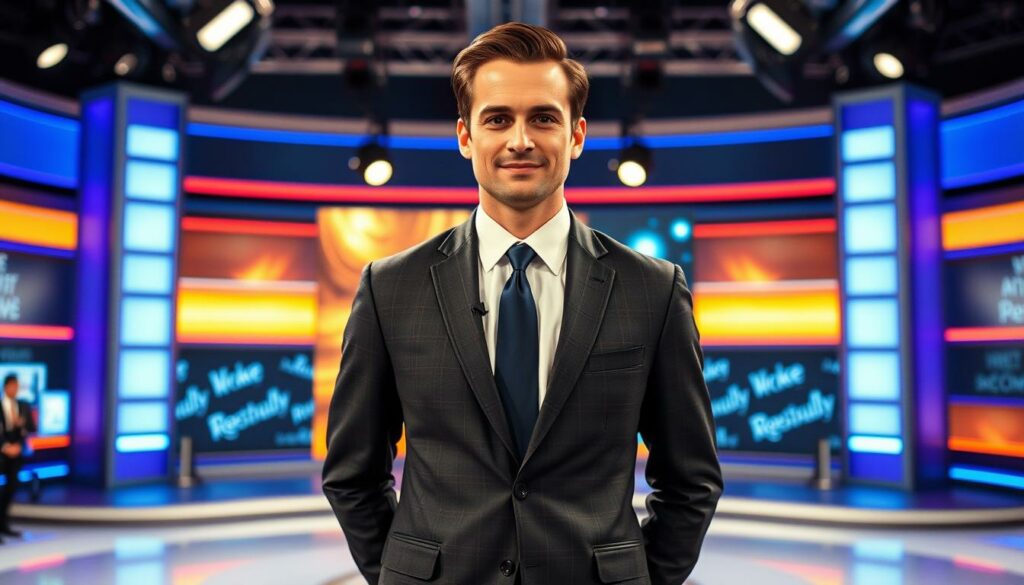 A man in his mid-30s, with neatly styled brown hair and a well-groomed appearance, stands confidently in the center of the frame. He is wearing a tailored suit and tie, conveying an air of professionalism and success. The background is a stylized reality TV set, with bright, colorful lighting and a modern, minimalist design. The scene is captured from a slightly elevated angle, creating a sense of authority and importance. The overall mood is one of ambition, accomplishment, and the glamour associated with the reality TV industry.
