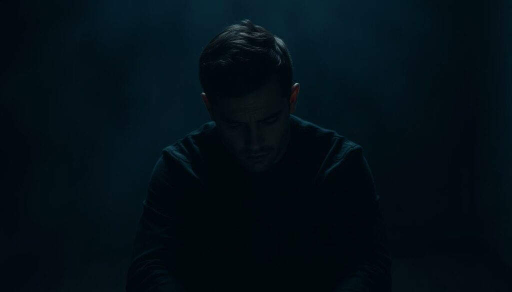 A man sits alone in a dimly lit room, his face shrouded in shadows. His expression conveys a deep sense of anguish and shame, a testament to the psychological torment he faces in the aftermath of a sextortion incident. The background is hazy, conveying a sense of isolation and vulnerability. The lighting is moody, casting a somber, pensive atmosphere. The camera angle is slightly low, adding to the feeling of weight and burden. The image aims to capture the profound emotional and mental impact of sextortion on its victims, emphasizing the lasting scars it can leave behind.