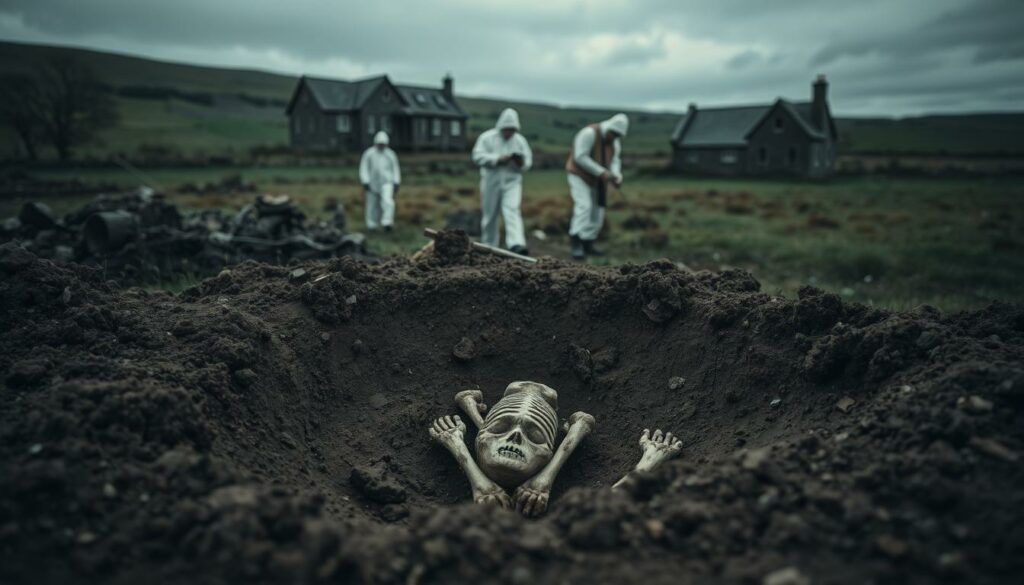 A mass grave investigation site in a remote Irish field. In the foreground, earth is carefully excavated, revealing the somber outline of a child's skeleton. Midground, forensic experts in hazmat suits meticulously document the grim findings. The background is a somber, overcast landscape, with a shadowy, dilapidated children's home looming in the distance. Muted colors, a sense of profound sadness and the weight of untold history permeate the scene. Soft, diffused natural lighting casts a melancholic glow over the proceedings. The composition emphasizes the gravity and importance of this unsettling historical discovery.