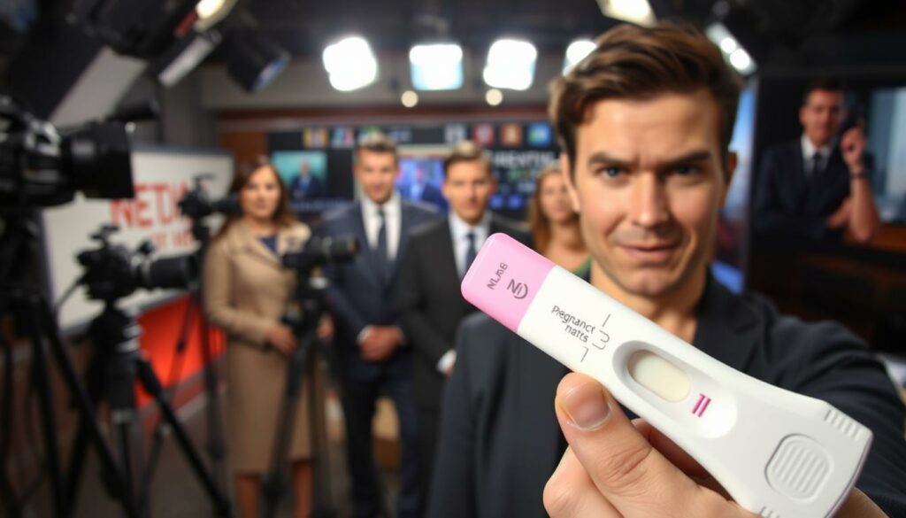 A media studio backdrop with professional lighting and camera equipment. In the foreground, a person holding a fake pregnancy test, their expression mischievous. In the middle ground, a group of journalists and news anchors, their faces a mix of surprise and confusion. The background is blurred, hinting at a bustling newsroom or studio environment. The scene conveys a sense of deception and the media being duped by a carefully orchestrated prank.