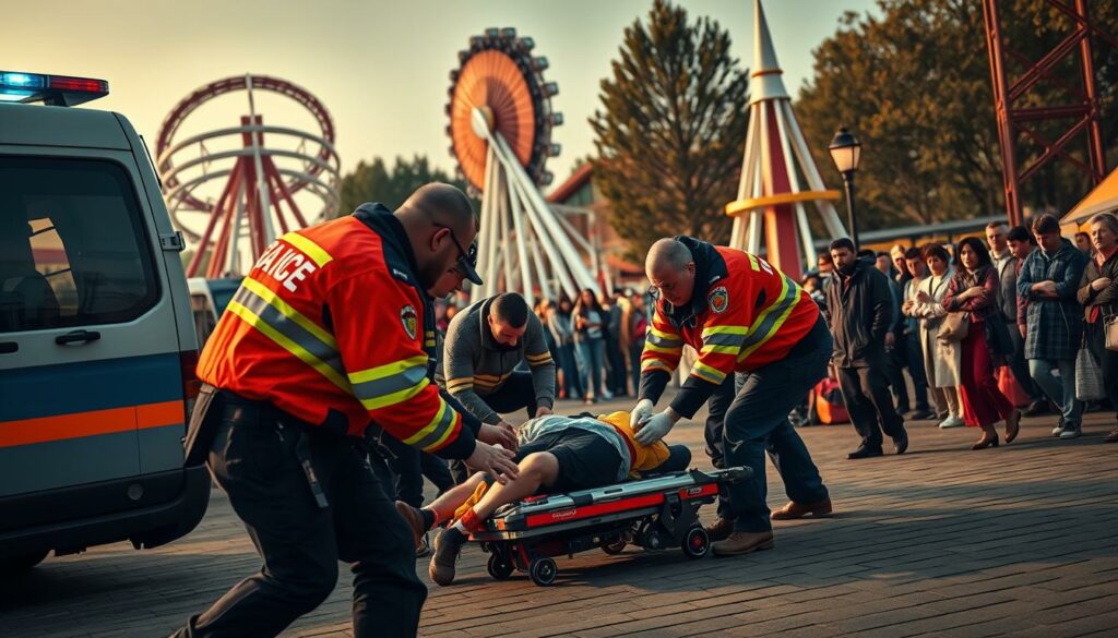 A medical emergency unfolding at the Europa-Park amusement park. In the foreground, a team of paramedics and emergency responders swiftly attending to a stricken individual, their faces etched with concern. The middle ground reveals the park's iconic landmarks, such as the Eurosat roller coaster, providing a sense of context. In the background, a crowd of onlookers watches the scene unfold, their expressions a mix of worry and curiosity. The lighting is natural, with warm tones casting a subdued, dramatic atmosphere. The camera angle captures the intensity of the situation, highlighting the urgency of the medical intervention against the backdrop of the vibrant park setting.