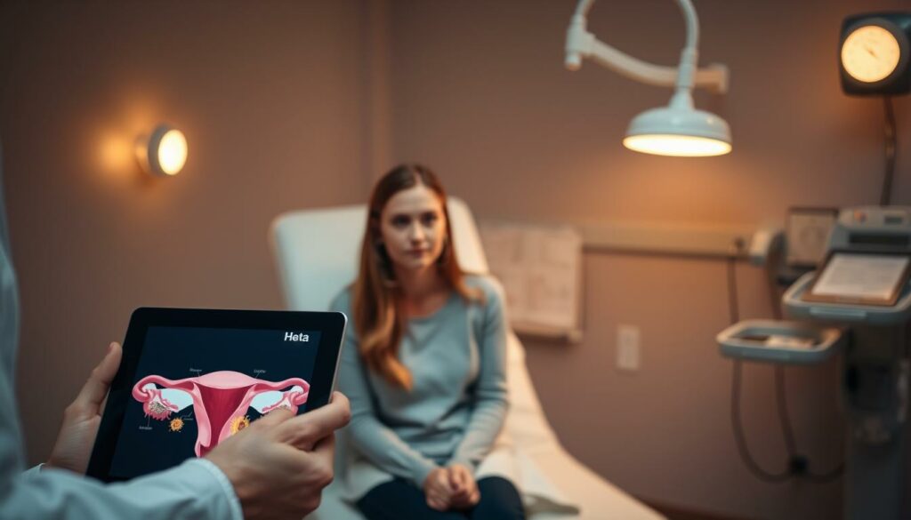 A medical examination room, dimly lit with warm, soft lighting. In the foreground, a doctor's hand holds a tablet displaying a detailed diagram of the cervix, highlighting the presence of HPV lesions. The middle ground features a thoughtful, concerned-looking young woman, Greta, sitting on an examination table, her expression a mix of apprehension and determination. In the background, medical equipment and charts suggest the seriousness of the situation, but a sense of care and professionalism pervades the scene. The overall atmosphere conveys the weight of the diagnosis, balanced by the reassuring, professional demeanor of the medical staff, guiding Greta through this health challenge.