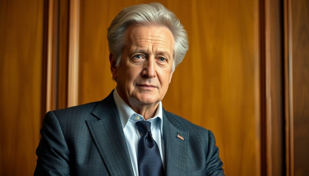 A mid-shot portrait of Michael Douglas, dressed in a smart charcoal gray suit, standing confidently against a backdrop of elegant oak paneling. His face is illuminated by warm, directional lighting, highlighting his weathered yet distinguished features. The composition captures his imposing presence and commanding screen presence, conveying the gravitas of his legendary career in Hollywood. The image evokes a sense of reverence and admiration, befitting the retrospective nature of "Eine legendäre Karriere im Rückblick".