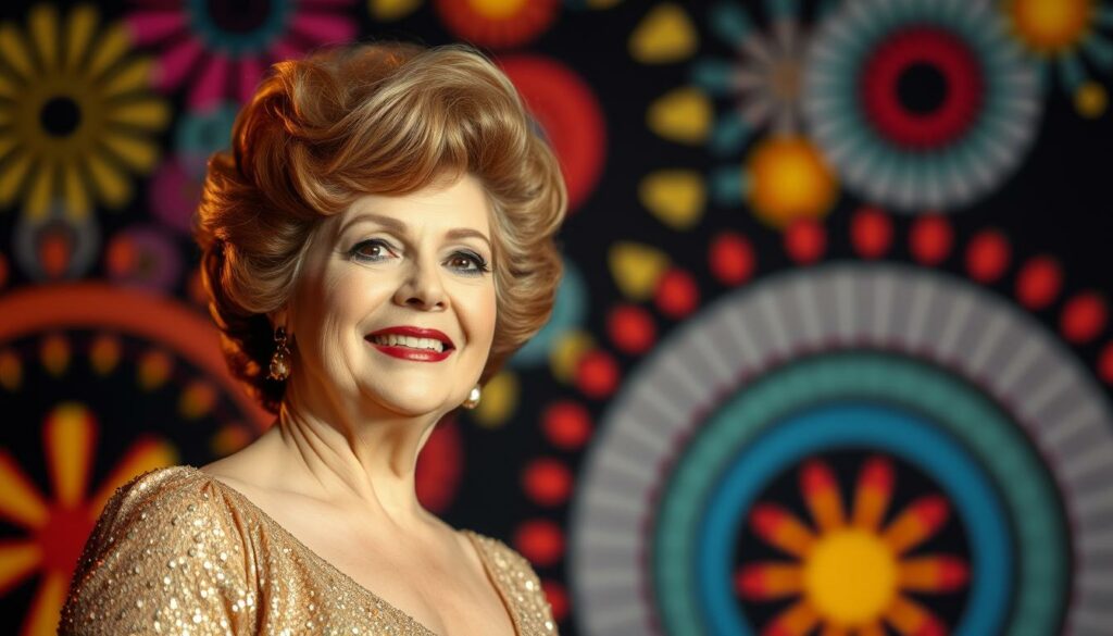 A middle-aged Connie Francis standing in the foreground, wearing a shimmering gold dress and a stylish bouffant hairstyle, her expression radiating a blend of nostalgia and excitement. In the background, a vibrant TikTok-inspired backdrop featuring bold, colorful patterns and retro-futuristic elements that evoke the digital age. Soft, warm lighting casts a flattering glow, capturing the icon's timeless beauty and the renewed energy of her musical revival. The composition strikes a balance between the familiar and the modern, showcasing the enduring appeal of Connie Francis and her music in the digital landscape.