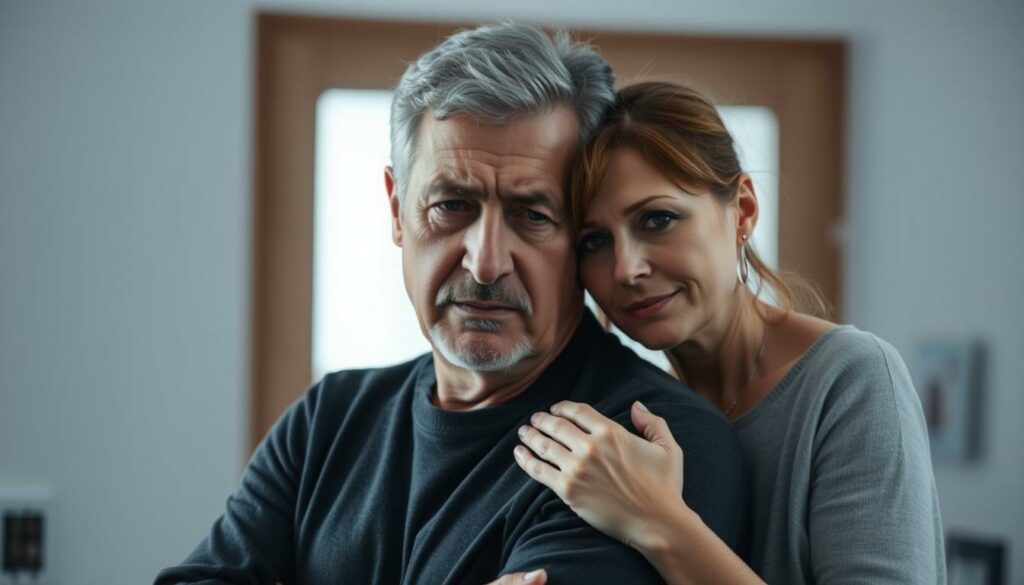 A middle-aged couple, Heinz Hoenig and Annika, stand together in a dimly lit hospital room, their faces etched with concern. Heinz's expression is one of vulnerability, his brow furrowed as he grapples with a health crisis. Annika's hand rests gently on his arm, a gesture of unwavering support and love. The room is bathed in a soft, muted light, creating an atmosphere of quiet contemplation and determination. The couple's posture and body language convey the sense of a shared journey, a united front facing adversity. The background is intentionally blurred, keeping the focus on the couple and their shared struggle.