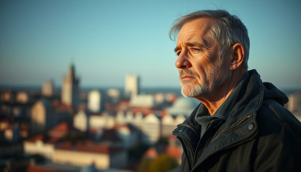 A middle-aged man, Sven Martinek, stands in a pensive pose, his gaze fixed on the horizon. His once-chiseled features now carry the weight of personal transformation, a rugged countenance that speaks of a life's journey. The lighting is soft, casting gentle shadows that accentuate the lines of his face, a visual metaphor for the inner turmoil he has navigated. In the background, a blurred cityscape serves as a backdrop, hinting at the bustling world he has distanced himself from, now focused on his own personal growth and redemption. The overall mood is one of contemplation and introspection, capturing the essence of Sven's journey through the scandals and challenges that have shaped his Lebenswandel, his life's transformation.
