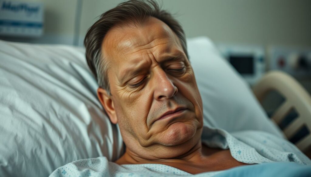A middle-aged man, Thommy Schmelz, sits wearily in a hospital bed, his face etched with worry and exhaustion. The room is bathed in soft, diffused lighting, casting gentle shadows on his features. Thommy's eyes are closed, his brow furrowed, as he grapples with the ongoing health challenges that have taken a toll on his well-being. In the background, medical equipment and monitors subtly hint at the complexity of his condition. The atmosphere is one of quiet contemplation, reflecting the gravity of Thommy's situation and his determined struggle to regain his health.