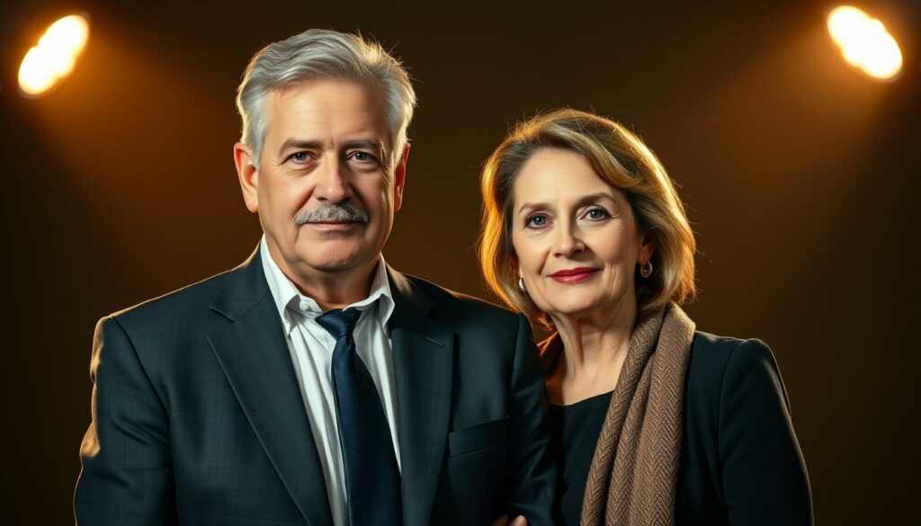 A middle-aged man and woman stand confidently in the spotlight, their faces radiating a renewed sense of purpose. The man, Heinz Hoenig, is dressed in a sharp, tailored suit, his graying hair neatly styled. His wife, Annika, is by his side, her expression serene and supportive. The lighting is warm and flattering, casting a gentle glow on their features. The background is blurred, drawing the viewer's attention to the couple's unwavering focus and determination. This image captures the essence of their "Neuanfang im Rampenlicht" - a new beginning in the spotlight, a testament to their resilience and the strength of their partnership.