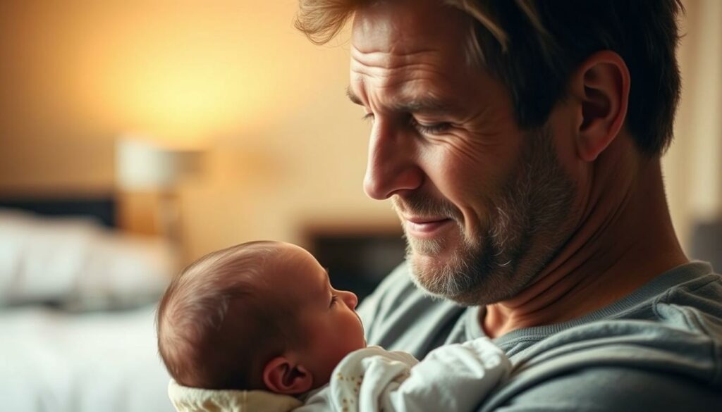 A middle-aged man, his face filled with a mixture of joy and uncertainty, gazes lovingly at a newborn baby cradled in his arms. The warm, soft lighting illuminates the tender moment, creating a serene and intimate atmosphere. The background is blurred, allowing the focus to remain on the father and child, their connection palpable. The man's posture is relaxed, yet there is a hint of protective instinct in his embrace, reflecting the profound significance of his newfound role as a parent after overcoming the challenges of testicular cancer. The image conveys the profound meaning of fatherhood and the resilience of the human spirit in the face of adversity.