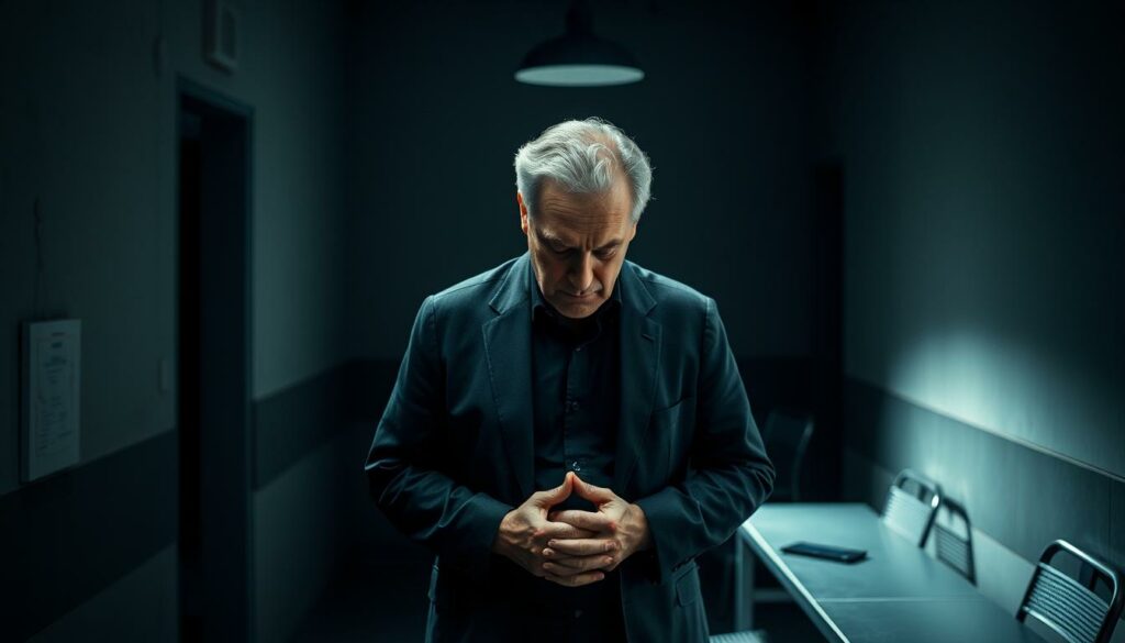 A middle-aged man, his head bowed and shoulders slumped, stands alone in a dimly lit interrogation room. The harsh overhead lighting casts deep shadows on his troubled face, conveying a sense of guilt and remorse. The room's sparse furnishings - a plain metal table and chairs - emphasize the gravity of the situation. The man's hands are clasped tightly, as if grasping for the words to express his "Geständnis," his confession. The atmosphere is tense and somber, reflecting the weight of his admission and the consequences he now faces.