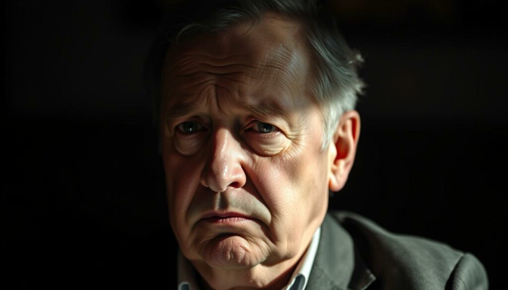 A middle-aged man, identified as Alfons Schuhbeck, sits solemnly in a dimly lit room. His expression conveys a sense of exhaustion and worry, reflecting the strain of his recent legal troubles. The lighting is somber, casting shadows that accentuate the lines on his face, suggesting the physical and emotional toll he has endured. The background is blurred, keeping the focus on Schuhbeck's pensive gaze, which seems to convey a mixture of regret and determination. The overall atmosphere is one of introspection and contemplation, capturing the essence of the "gesundheitliche Situation des Starkochs" during this challenging period in his life.