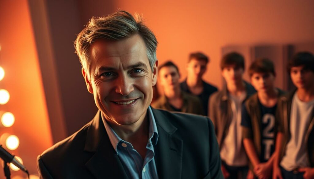 A middle-aged man with a friendly, charismatic demeanor stands in the foreground, his gaze intense and focused. He wears a well-tailored suit, exuding an air of authority and success. In the background, a group of young, aspiring musicians stand in awe, their expressions a mix of admiration and trepidation. The lighting is warm and inviting, creating a sense of intimacy and inspiration. The scene conveys the man's influence and control over the boyband industry, as well as the complex power dynamics at play.