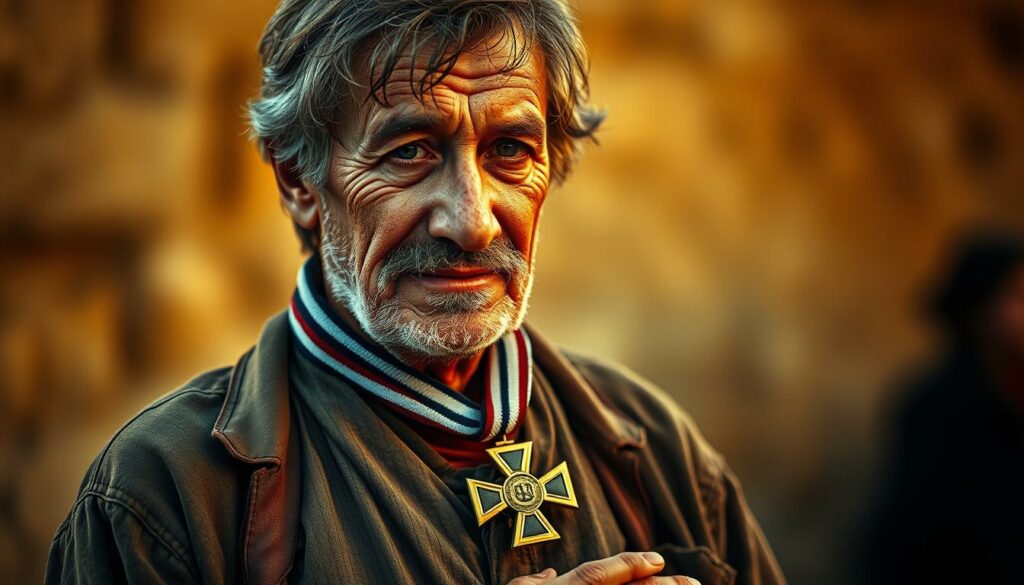 A middle-aged man with a kind, weathered face stands humbly accepting a medal, his tattered clothes and weary expression conveying a life of hardship. The scene is bathed in a warm, golden light, creating a sense of dignity and reverence. The background is blurred, focusing attention on the man and his unexpected honor, a Bundesverdienstkreuz, a prestigious award typically reserved for the accomplished and esteemed. The juxtaposition of his humble circumstances and this unexpected accolade evokes a profound and inspiring story of resilience, compassion, and the power of recognizing the inherent worth of every individual, regardless of their station in life.
