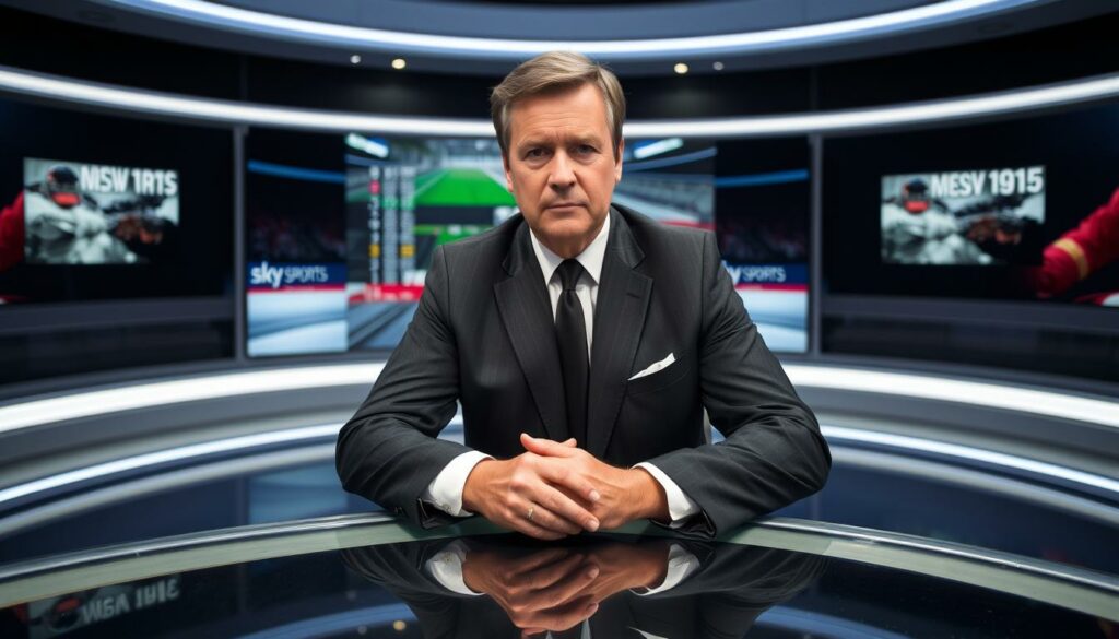 A middle-aged man with a serious expression, dressed in a dark suit, sitting at a news desk in a modern TV studio. The studio is well-lit with a sleek, minimalist design featuring clean lines and muted colors. A large, high-definition screen behind the desk displays sports graphics and statistics. The man, Ralf Schumacher, is positioned confidently, leaning forward with his hands on the desk, ready to provide insightful commentary and analysis as a respected TV expert and commentator for Sky Sports.