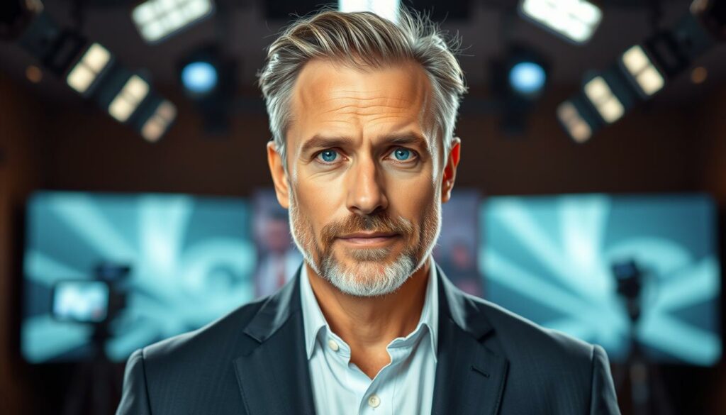 A middle-aged man with a slightly graying beard and piercing blue eyes stands confidently in the foreground. He wears a well-tailored suit, exuding an air of sophistication and charisma. The lighting is soft and flattering, highlighting the contours of his face. In the middle ground, a backdrop of a television studio or stage, with cameras and production equipment, suggests his connection to the world of reality TV. The background is slightly blurred, creating a sense of depth and focus on the central figure. The overall mood is one of introspection and potential, hinting at Christian Tews' journey from Bachelor to his current ventures.