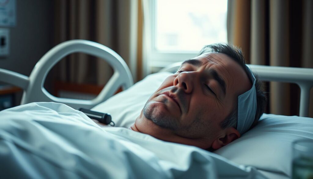 A middle-aged man with a somber expression lies in a hospital bed, his eyes closed and head bandaged. Soft natural light filters through the window, casting a pensive mood. The room is sparsely furnished, emphasizing the patient's vulnerability. The man's features are distinct, capturing the essence of a public figure in a moment of fragility. The scene evokes a sense of concern and contemplation, inviting the viewer to reflect on the individual's health struggles and the human condition. A sense of quiet drama and empathy pervades the image, guiding the viewer's focus to the central subject.