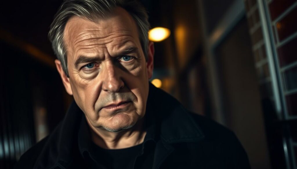 A middle-aged man with a stern expression, dressed in dark clothing, stands in a dimly lit alley. His face is partially obscured by shadows, hinting at his evasive nature. The background is blurred, with a sense of foreboding tension in the air. The lighting is moody, casting dramatic shadows that add depth and a sense of mystery to the scene. The camera angle is slightly low, accentuating the man's imposing presence. This image conveys the essence of a suspected attacker, reflecting the investigation into the recent knife attack in central London.