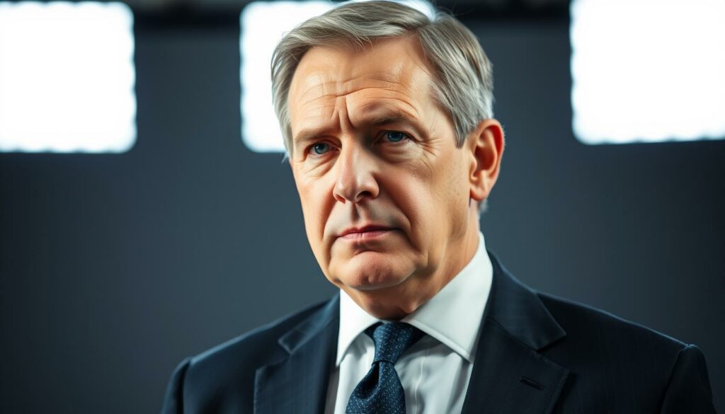 A middle-aged man with a stoic expression, Jörg Wontorra, a renowned German sports journalist, stands in a well-lit studio setting. His serious demeanor and professional attire, a tailored suit and tie, convey his authoritative presence in the media landscape. The lighting casts subtle shadows, accentuating his distinct facial features and greying hair, lending an air of gravitas to the scene. The background is subtly blurred, focusing the viewer's attention on the subject, who embodies the family's legacy of media influence and unwavering support.