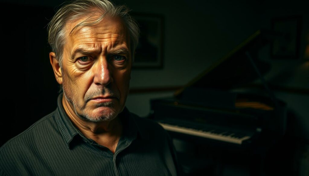 A middle-aged man with a sullen expression, Torsten Höllerich stands solemnly in a dimly lit room, the fading light casting a solemn, melancholic atmosphere. His weathered face bears the weight of his family's legacy, the shadows accentuating the lines of sorrow. In the background, a grand piano sits, a testament to the musical heritage he has inherited, yet the sense of burden is palpable. The scene conveys a sense of tragedy, with Torsten's stance and gaze reflecting the heavy burden of his father's, the legendary Roy Black's, enduring fame and the personal struggles that now define his own life.