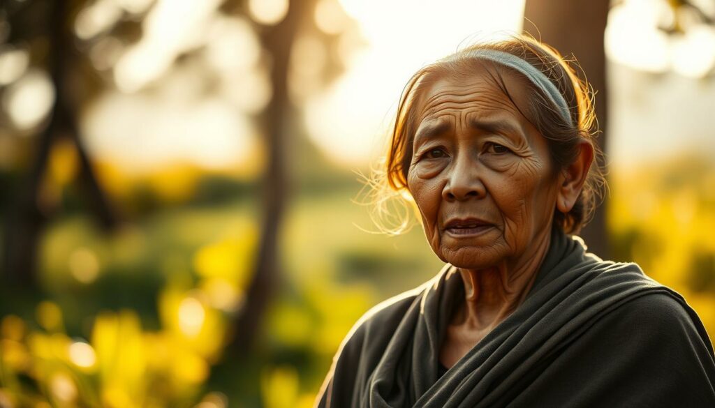 A middle-aged woman, Mega Titik Pur Yanti, stands resolute amidst a serene, sun-dappled landscape. Her expression is one of quiet determination as she battles the ravages of tuberculosis, her frail frame wrapped in a simple, yet dignified garment. The background is softly blurred, drawing the viewer's focus to her face, which is lit by a warm, golden light that casts gentle shadows, emphasizing the texture of her skin and the weight of her struggle. The scene is captured with a shallow depth of field, creating a sense of intimacy and emotional connection with the subject. The overall tone is one of resilience and quiet strength in the face of adversity.