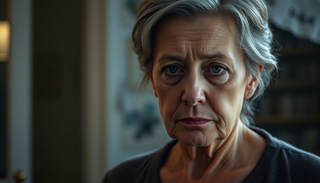 A middle-aged woman, Tülin Keller, stands pensively, her expression conveying a sense of unease. Subtle lines on her face suggest the strain of a difficult situation. She is dressed in muted tones, her gaze averted, as if deep in contemplation. The lighting is soft and diffused, casting a melancholic hue over the scene. The background is blurred, hinting at a private, domestic setting, emphasizing the personal nature of the moment. The overall atmosphere is one of quiet introspection, reflecting the complex emotions and reasons behind the delayed divorce decision.