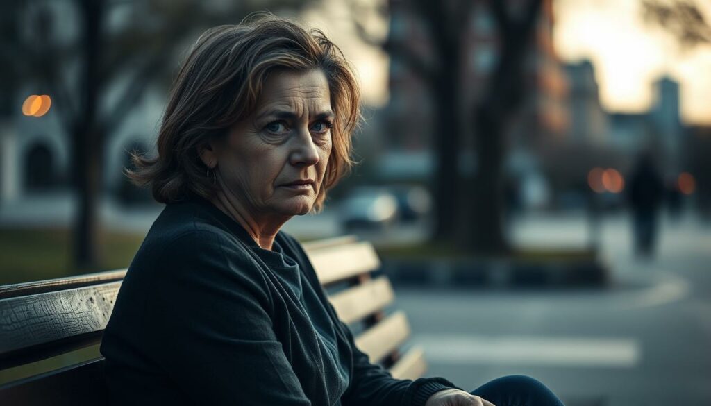 A middle-aged woman named Alina Schulte Hoff sits alone on a bench, her face etched with a pensive expression. The soft, natural lighting casts a melancholic glow, accentuating the tension and uncertainty in her body language. In the background, a blurred cityscape suggests the challenges of modern relationships against the backdrop of a bustling urban environment. The scene evokes a sense of introspection and the complexities of navigating a "Beziehungskrise," or relationship crisis, that Julian Zietlow has critiqued.