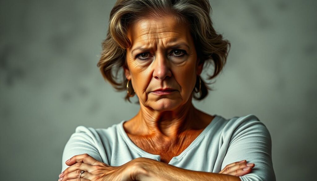 A middle-aged woman standing with her arms crossed, her expression stern and unyielding. She gazes directly at the viewer, her eyes conveying a sense of skepticism and mistrust towards men. The lighting is slightly harsh, casting shadows that accentuate the lines on her face, hinting at a lifetime of experiences that have shaped her critical stance. The background is hazy, blurred, and indistinct, keeping the focus on her powerful, unwavering presence. The overall mood is one of defiance and a refusal to conform to societal expectations, reflecting the article's exploration of a woman's decision to reject traditional gender roles and the pressures to have children.