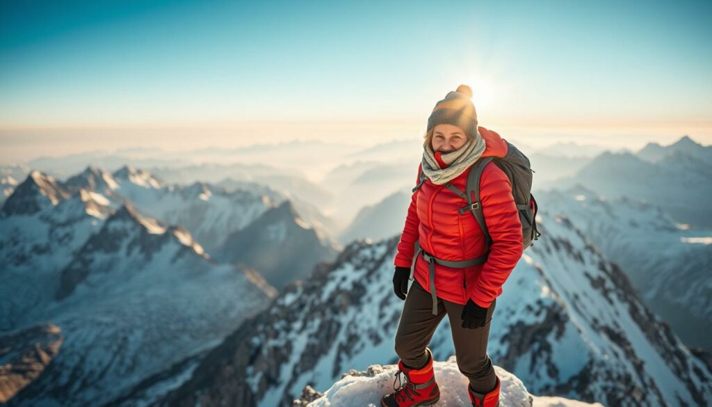 A middle-aged woman stands atop a snow-capped mountain peak, her gaze fixed on the distant horizon. She wears a bright red jacket, sturdy mountain boots, and a backpack, her face partially obscured by a warm hat and scarf. The sun casts a warm glow over the scene, illuminating the rugged terrain and the woman's determined expression. In the background, jagged peaks and icy glaciers stretch out, creating a dramatic and awe-inspiring landscape. The image conveys a sense of adventure, accomplishment, and the resilience of the experienced "staatlich geprüfte Bergführerin" (state-certified mountain guide).