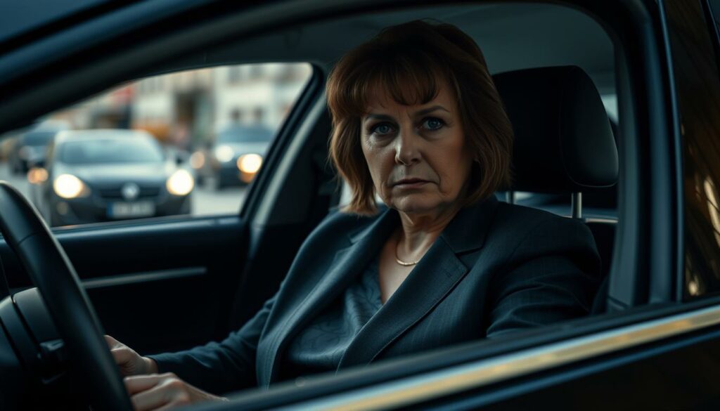 A middle-aged woman with a stern expression, dressed in a smart blazer and skirt, sits behind the wheel of a sleek, modern sedan. The lighting is dramatic, casting shadows across her face, conveying a sense of tension and unease. The vehicle is situated against a blurred urban backdrop, hinting at the bustling city streets. The camera angle is slightly low, emphasizing the woman's commanding presence and the weight of her actions. This is the portrait of a "Wiederholungstäterin" - a repeat offender, a woman who has faced the consequences of her driving transgressions before, yet finds herself in trouble once more.