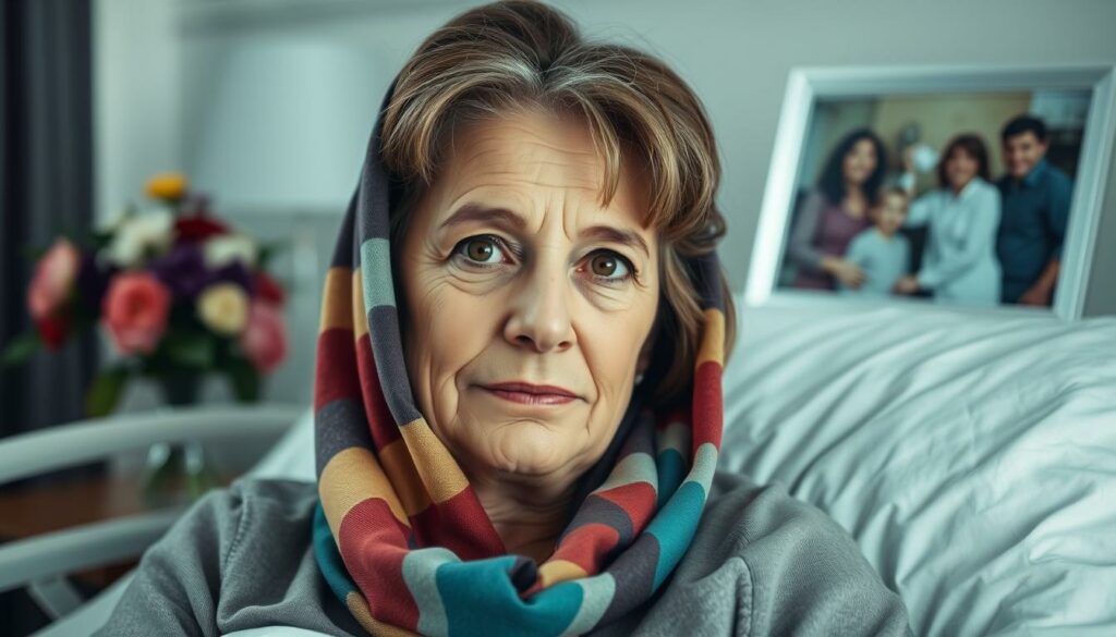A middle-aged woman with a warm, gentle expression sits in a hospital bed, her head wrapped in a colorful scarf. The soft, muted lighting casts a somber, introspective mood. In the background, a vase of fresh flowers and a family photo evoke a sense of love and support. The woman's gaze is resolute, conveying her determination to fight the cancer that has taken hold. The scene is captured with a shallow depth of field, focusing attention on the woman's pensive, yet resilient, face. A sense of quiet dignity and inner strength permeates the image, reflecting the courageous battle against this devastating illness.