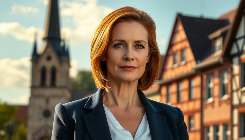 A middle-aged woman with auburn hair and piercing blue eyes, dressed in a navy blue blazer and white blouse, stands confidently against a backdrop of the picturesque Bavarian town of Rosenheim. The warm, golden light of the afternoon sun casts a soft glow on her face, highlighting her delicate features. In the distance, the iconic church steeple and half-timbered buildings create a charming and quintessentially German setting. The woman's expression conveys a sense of authority and professionalism, befitting her role as the beloved police detective, Marie Hofer, from the popular German television series "Rosenheim-Cops."