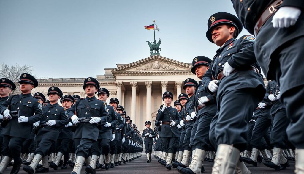 A military parade of Bundeswehr soldiers marching in lockstep, their crisp uniforms and polished boots gleaming under bright, overhead lighting. In the background, a majestic, neo-classical government building looms, symbolizing the legal framework and legislative changes that will shape the future of Germany's armed forces. The soldiers' expressions are resolute, conveying a sense of professionalism and dedication as they transition into a new era of service. The scene is captured from a low, dynamic angle, emphasizing the power and authority of the military in the context of the evolving legal landscape.