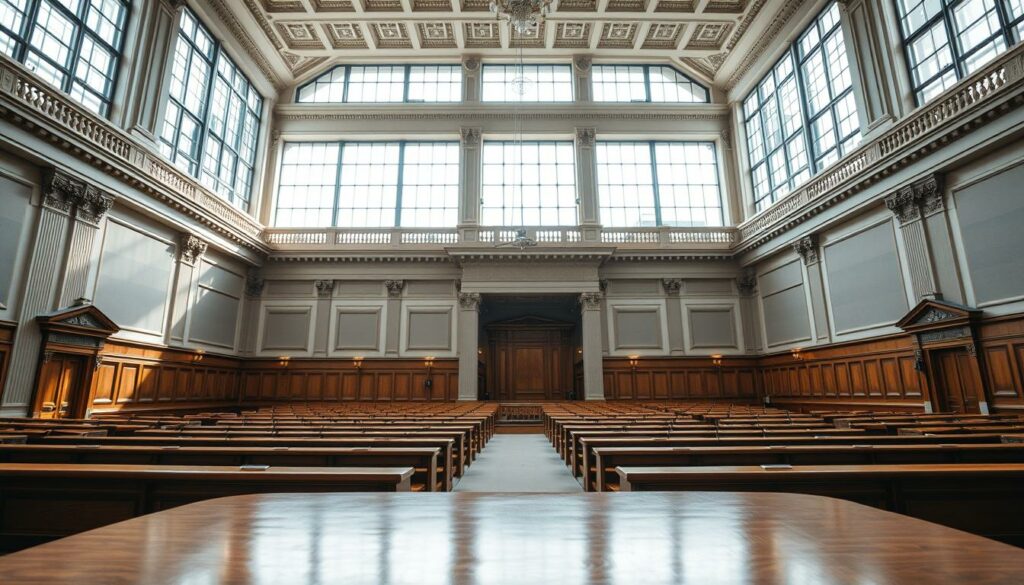 A modern courtroom interior, with high ceilings and large windows allowing natural light to flood the space. The judge's bench is prominently placed in the foreground, its wooden surface polished to a shine. In the middle ground, rows of wooden benches face the bench, creating a sense of formality and authority. The background features intricate architectural details, such as ornate columns and intricate moldings, conveying the gravitas of the legal proceedings. The overall mood is one of solemn, serious deliberation, with a hint of grandeur befitting the significance of the OLG Köln's ruling. The scene is captured with a wide-angle lens, emphasizing the scale and importance of the setting.