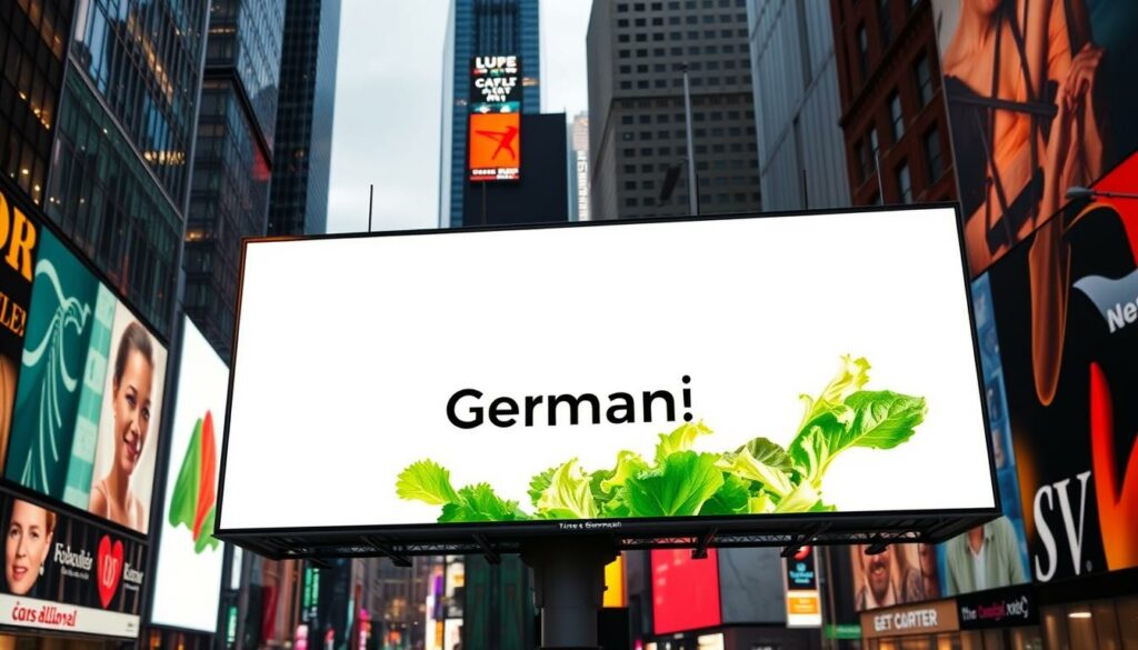 A modern, minimalist billboard displayed in the bustling heart of Times Square, New York City. The billboard showcases a vibrant, close-up photograph of a fresh green salad, its vibrant colors and textures drawing the eye. In the foreground, the salad is highlighted against a stark white background, bathed in warm, directional lighting that accentuates its crisp, appetizing appearance. In the middle ground, the billboard's simple, clean design features the name of the German company in a sleek, sans-serif typeface. The background depicts the iconic skyscrapers and neon lights of the famous commercial district, creating a visually striking contrast between the local German brand and the global metropolis. The overall composition conveys a sense of ambition, innovation, and a bold attempt to capture the attention of the diverse, cosmopolitan audience in this renowned advertising epicenter.