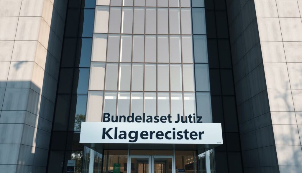 A modern office building with a sleek, minimalist facade in shades of gray and glass. The building stands tall and imposing, casting a long shadow across the surrounding area. The entrance is adorned with a prominent sign reading "Bundesamt Justiz Klageregister" in clean, bold lettering. The scene is captured with a wide-angle lens, providing a sense of scale and grandeur. The lighting is soft and even, creating a professional and authoritative atmosphere. The image conveys a sense of official government power and legal authority, setting the stage for the article's subject matter.