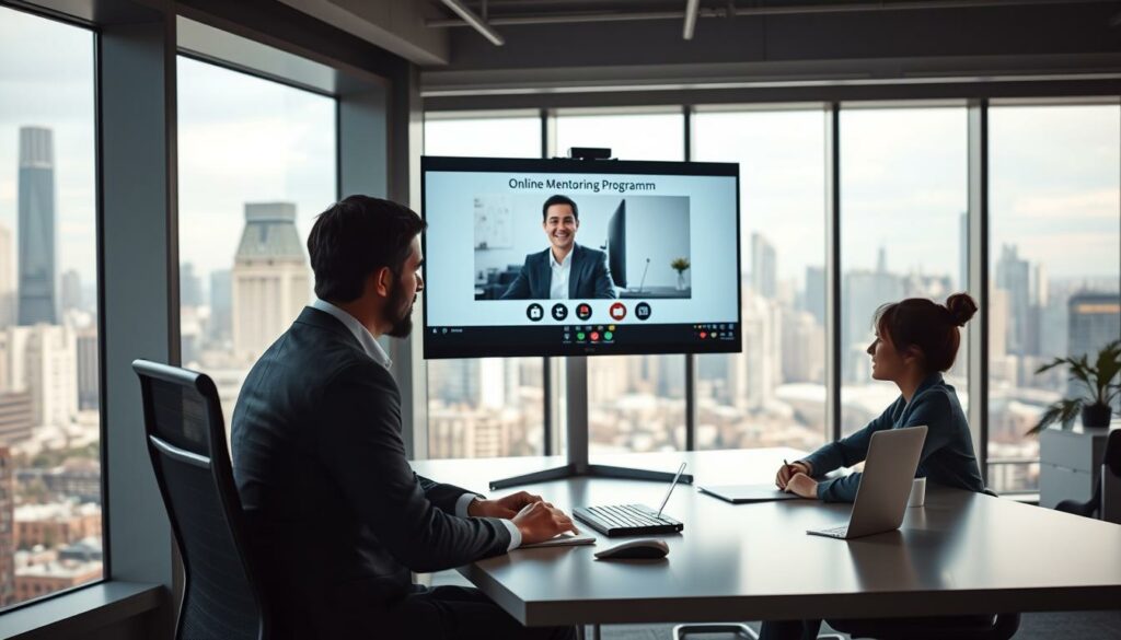 A modern office setting, with a large computer monitor displaying an "Online-Mentoring Programm" interface. In the foreground, a professional-looking mentor sits at a sleek, minimalist desk, engaged in a video call with a young mentee. The lighting is soft and diffused, creating a warm, collaborative atmosphere. The background features floor-to-ceiling windows overlooking a bustling city skyline, suggesting a high-end, urban workspace. The overall scene conveys a sense of productivity, education, and business acumen, reflecting the subject's "geschäftliche Aktivitäten".
