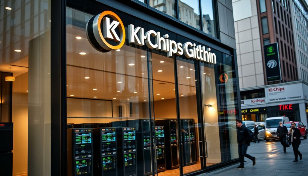 A modern, well-lit KI-Chips Geschäft storefront, with a sleek glass exterior and a prominent sign displaying the company's logo. The interior is visible through the large windows, showcasing rows of state-of-the-art AI processors and server racks. The store is situated on a bustling city street, with pedestrians and vehicles passing by in the background. The overall atmosphere conveys a sense of technological innovation and cutting-edge advancements in the field of artificial intelligence. The lighting is a balanced mix of natural daylight and warm, ambient lighting, creating a welcoming and professional ambiance.
