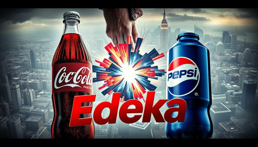A monumental clash between the retail titan Edeka and the towering beverage behemoths Coca-Cola and Pepsi, set against a grand historical backdrop. In the foreground, the Edeka logo stands resolute, flanked by the iconic Coca-Cola and Pepsi bottles, their labels weathered by time. In the middle ground, a vortex of clashing colors and bold typography evokes the intensity of the conflict. The background depicts a sprawling cityscape, its skyscrapers and infrastructure mirroring the scale and scope of the corporate rivalry. Dramatic lighting casts sharp shadows, creating a sense of high-stakes drama and tension. The overall tone is one of historical significance, with a touch of gritty realism befitting the monumental clash of these commercial titans.
