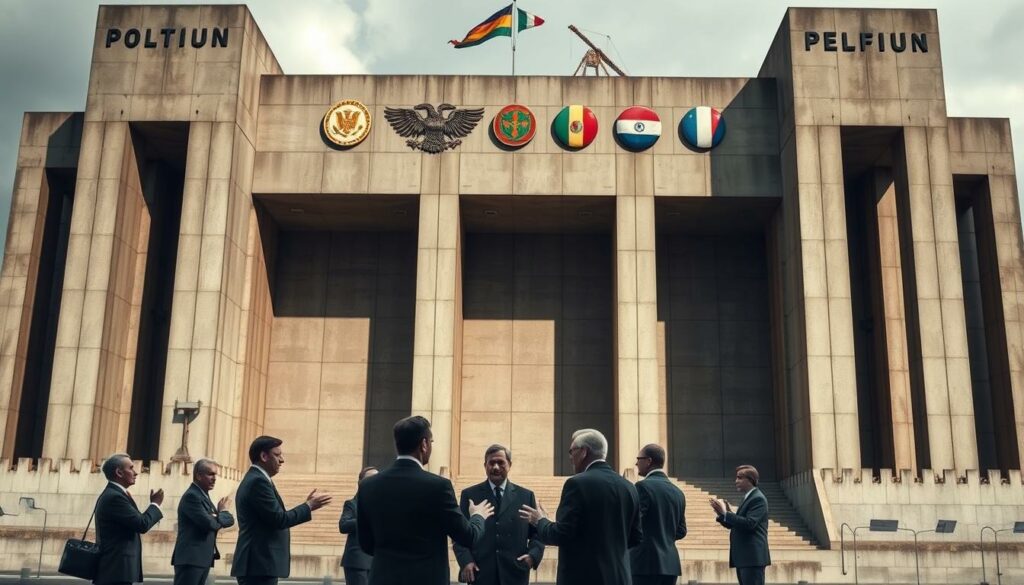 A monumental concrete structure, its façade adorned with the emblems of political parties, stands as a formidable barrier to progress. Shadows cast by towering columns suggest a sense of obstruction and inertia. In the foreground, a group of officials engage in heated debate, their gestures and expressions conveying the tension of political gridlock. The scene is illuminated by a dim, overcast light, evoking a somber, bureaucratic atmosphere. A blend of realism and symbolic elements, capturing the essence of "Politische Verantwortung und Blockaden" within the broader context of infrastructure development.