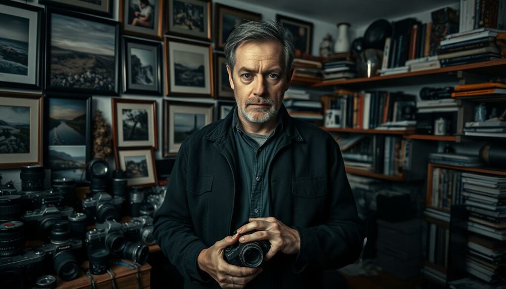 A moody, atmospheric photograph of Dominik Bender, renowned German photographer, captured in his private studio. In the foreground, Dominik stands amidst his carefully curated collection of vintage cameras and lenses, his expression pensive and introspective. Soft, directional lighting casts dramatic shadows, highlighting the weathered textures of his hands and the intensity in his gaze. The middle ground features an array of framed photographs showcasing Dominik's unique artistic vision - evocative landscapes, candid portraits, and captivating still lifes. In the background, shelves brimming with photography books and mementos from his travels create a sense of depth and the artist's boundless passion. The overall tone is one of quiet contemplation, reflecting Dominik's dedication to his craft and the personal journey that has shaped his remarkable career.
